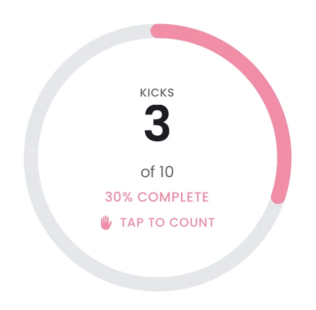 Progress ring showing 3 of 10 kicks, 30% complete, with a tap to count prompt