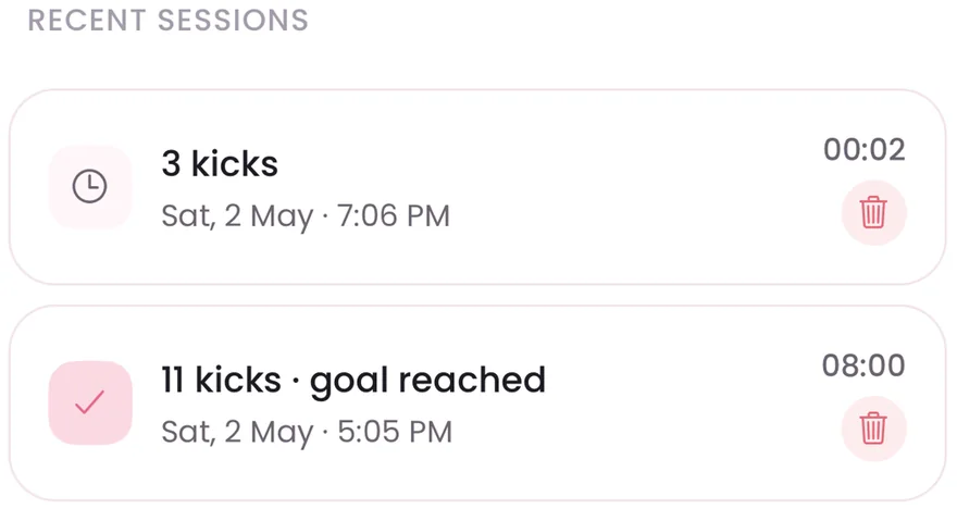 Recent sessions list showing kick count, date, time and duration for each session