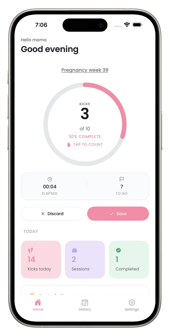Bumpi Kicks home screen during a session: 3 of 10 kicks counted, 00:04 elapsed, 7 to go